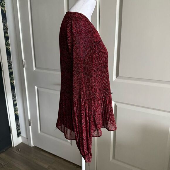 Zara Red and Black Leopard Print Micro Pleated Long Sleeve Blouse Size XS - Picture 4 of 7
